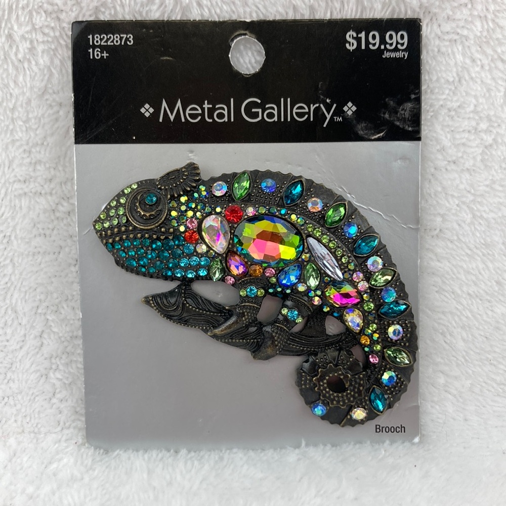 Metal Gallery Chameleon Rhinestone Embellished Brooch 3” New